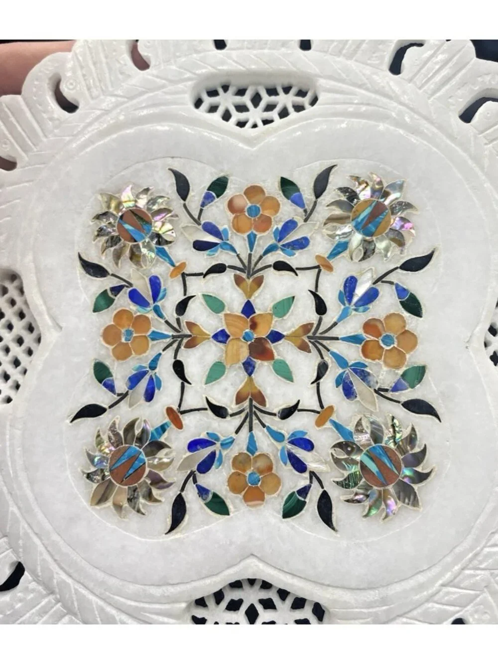 Inlaid Marble Plate Floral Stone Handmade Decor Boho Cottage 7 Inches